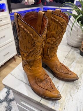 Dan Post Tan Leather Western Cowboy Boots with Embroidered Shaft